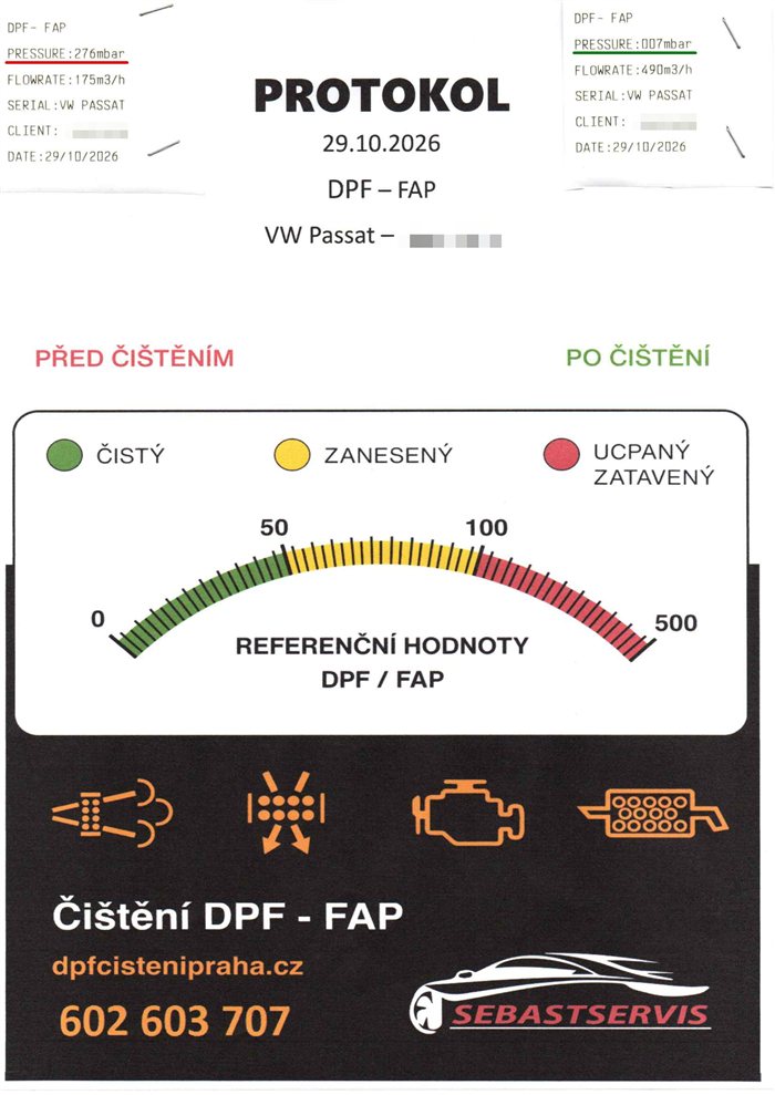 Ukázka protokolu o čištění DPF